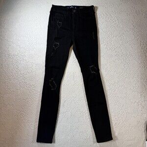 Hollister Jeans Womens 1R Black High Rise Super Skinny Distressed 25x29 Denim